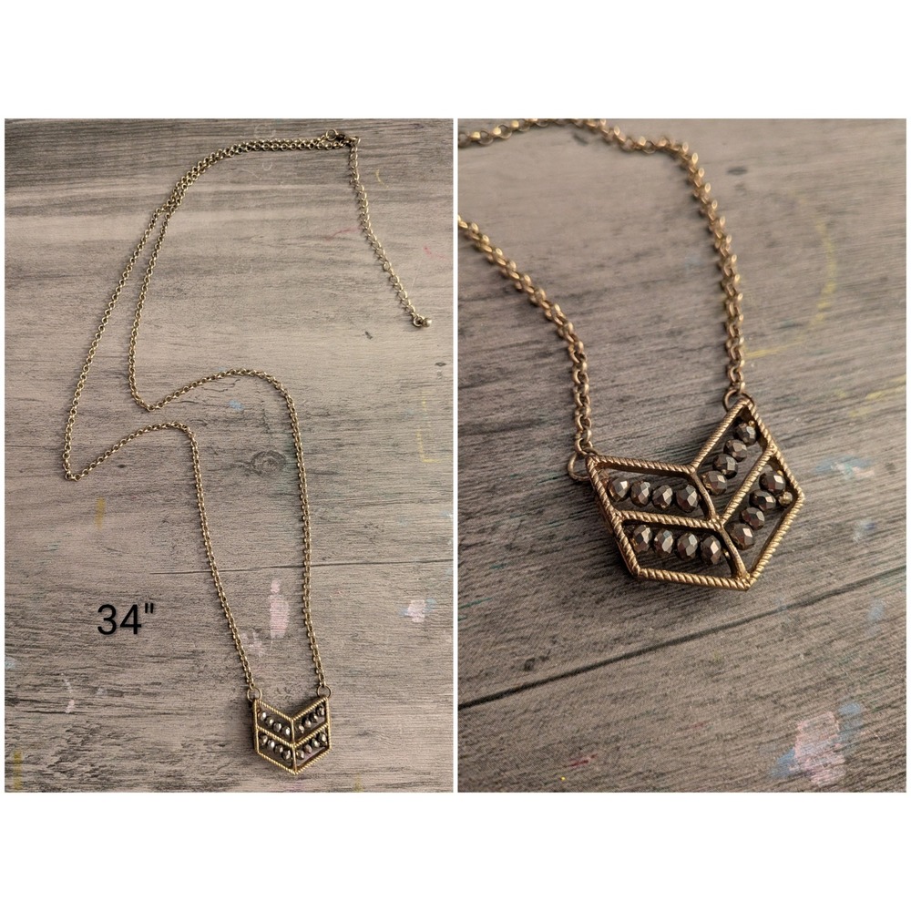 Antique Gold Tone Beaded Chevron Pendant Necklace Long Boho Geometric 34 Inch